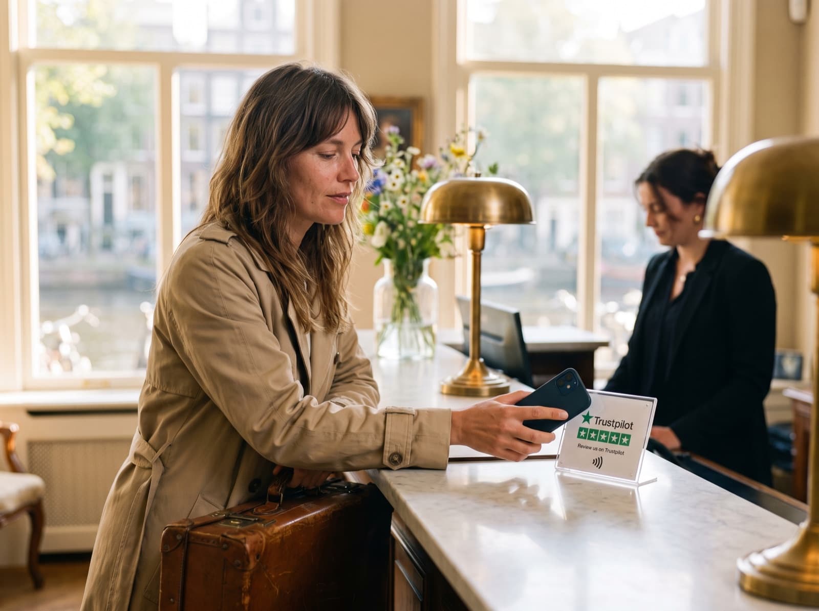 A hotel guest taps a Trustpilot card at the front desk while checking out