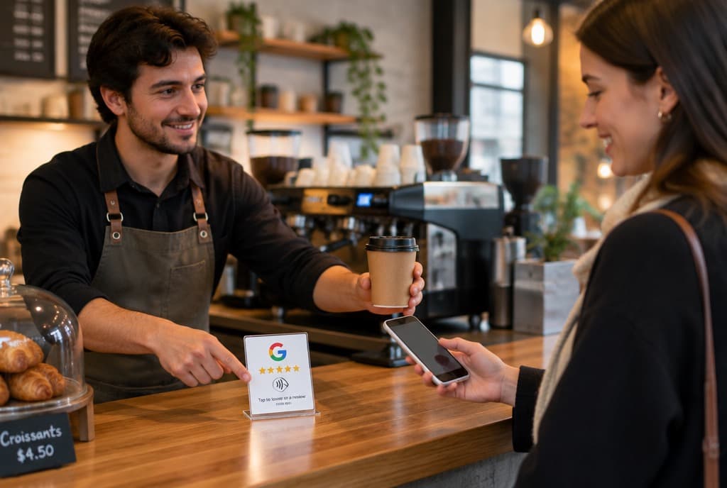 A barista hands over a coffee while pointing to the Google review card, guest holds up their phone