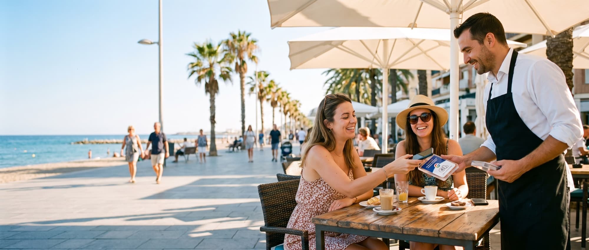 A waiter shows the TapPoint card to a smiling guest on a seaside terrace in Spain